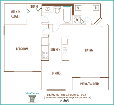 Floor plan for 1 bed, 1 bath, 831 sqft